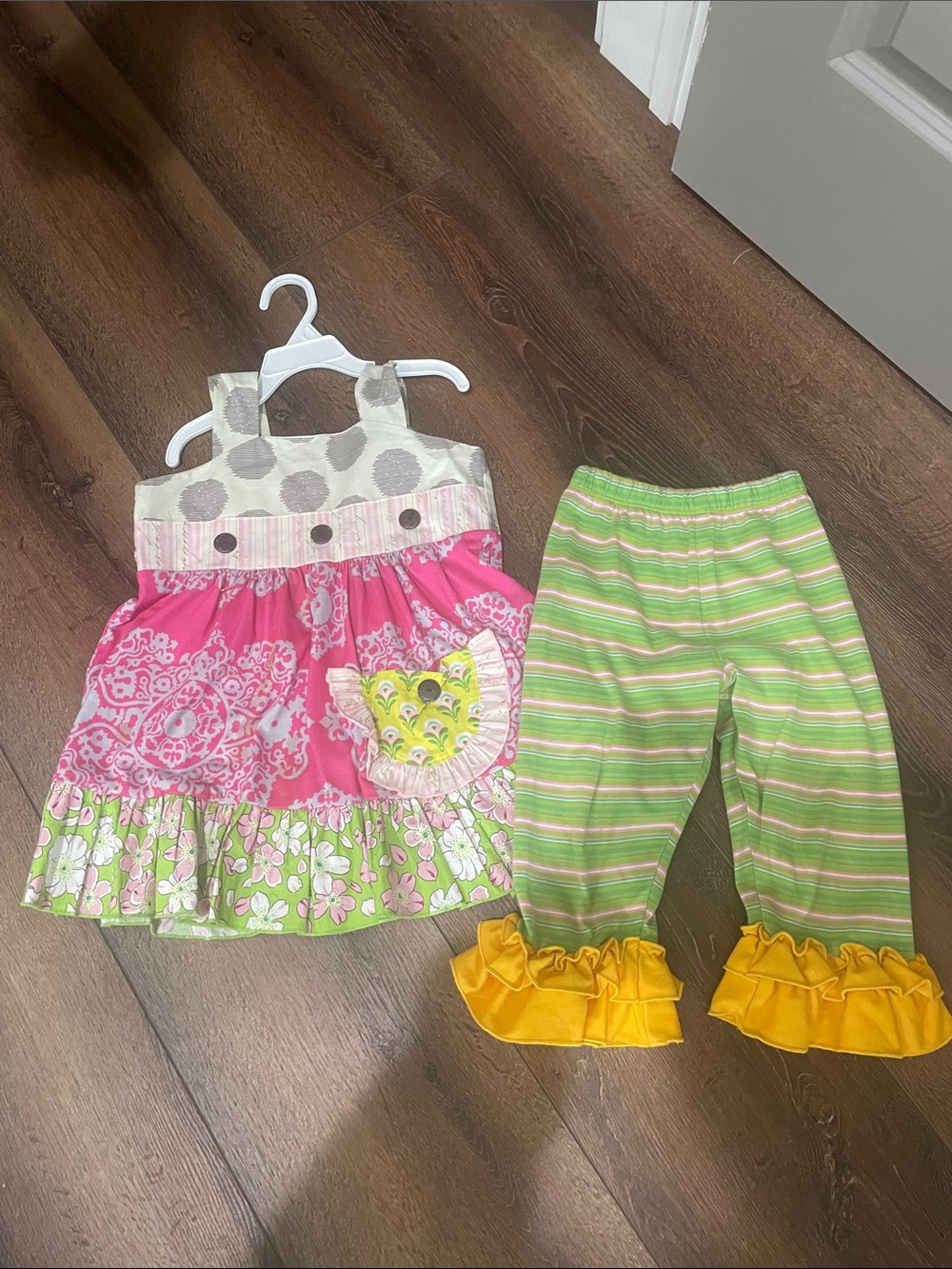 Kids Pink & Green Floral Matching Set with Yellow Ruffle Pants